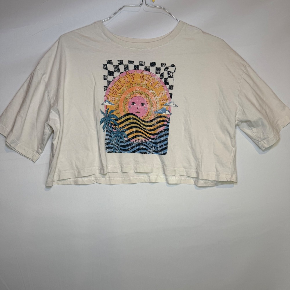 Hurley Surf Co Graphic Crop Top Sun Palm Tree Cream Cotton Tee Small